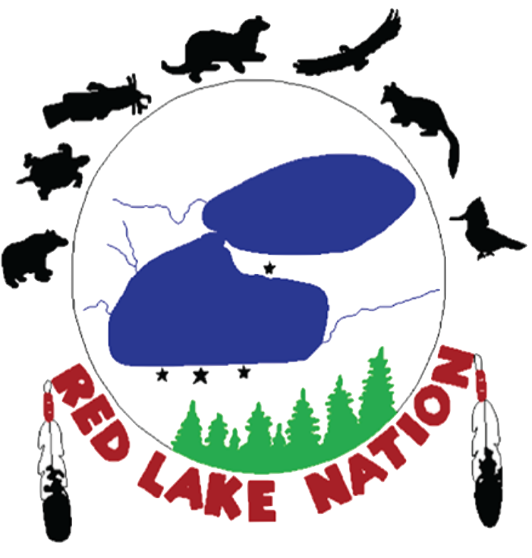 Drawing of bodies of water, trees and animal silhouettes along the top with words "Red Lake Nation" at bottom