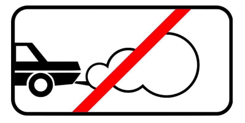 Drawing of car with large smoke cloud coming out of exhaust with red line drawn through it