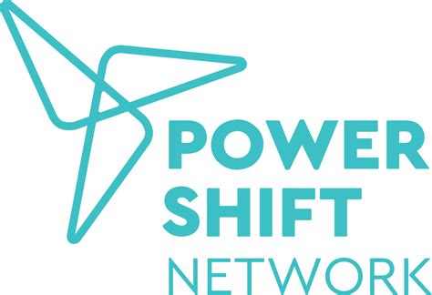 Power Shift Network logo, teal lettering with three entwined triangles